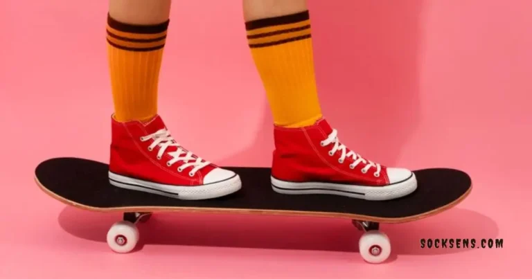 a man with yellow grip socks and red shoes with skating board in pink background.