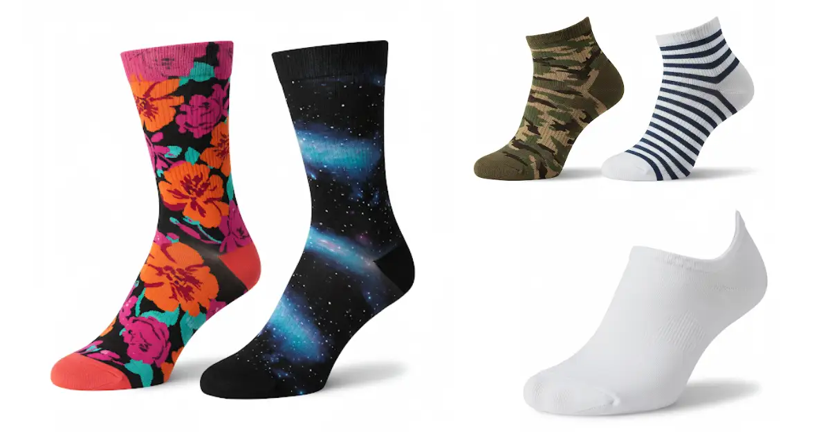 A collection of four types of men's socks: floral crew socks, galaxy crew socks, camouflage ankle socks, striped ankle socks, and a single white low-cut sock.